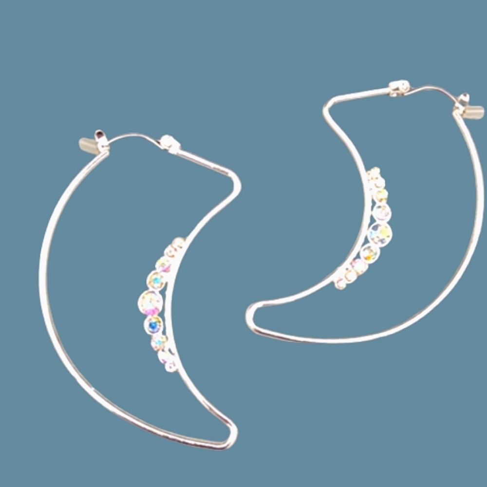 AB Rhinestone Silver tone Fang Claw Crescent French Hooks Dangle Drop Earrings